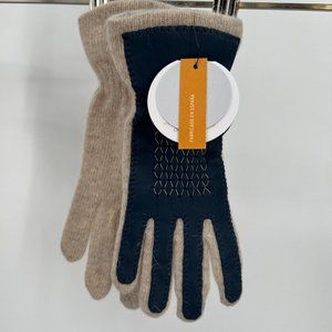Santacana Women's Wrist Gloves Lambs Wool Angora and Leather Beige/Navy Blue NEW